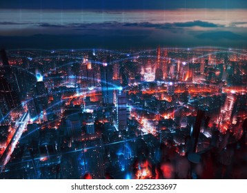 Manipulated city with digital network line for connect metaverse era concept. Cyberpunk futuristic theme color.