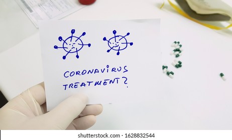 Manipulated drug capsules and an aseptic mask with a question mark: coronavirus treatment