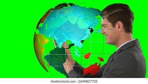 Manipulating businessman holding smartphone in green screen, with digital globe overlay, copy space. Technology, innovation, networking, connectivity, digital, futuristic, corporate