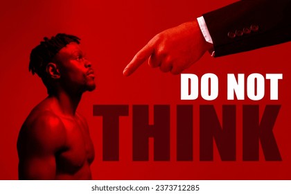 Manipulation, control or oppression and a black man on a red background in studio with a pointing hand. Bullying, psychology and propaganda with a young person as a victim of trauma or brainwash