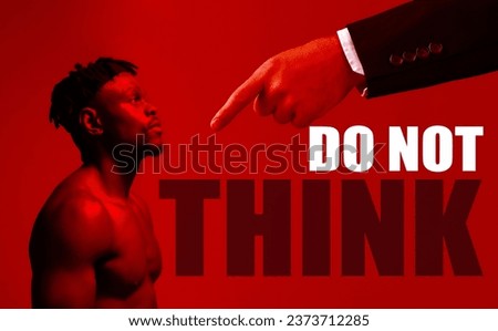 Manipulation, control or oppression and a black man on a red background in studio with a pointing hand. Bullying, psychology and propaganda with a young person as a victim of trauma or brainwash