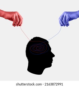Manipulation from two sides, propaganda. Confusion, doubts, contradictions, analysis in person mind. Red and blue hands holding strings over human head and trying to influence opinion, attitude. photo