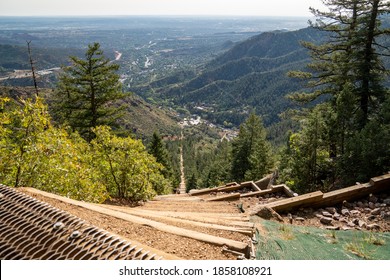 Manitou Springs, Colorado - September 15, 2020: The Old Railroad Ties That Make Up The Manitou Incline Hike In Colorado. Looking Down From The Top Shows How Steep This Is