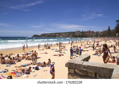 MANLY, AUSTALIA-DECEMBER 08 2013: Manly beach on busy, sunny day. The beach was declared the "Manly-Freshwater World Sufing Reserve in March 2012.