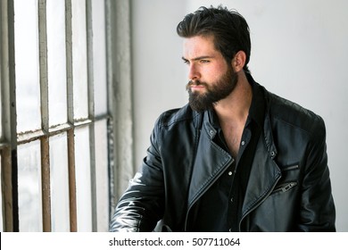 Manly Male With Full Beard Tall Dark Handsome Strong Tough Serious Intense Bad Boy Biker