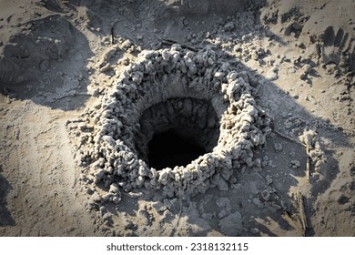 A man-made sand hole with a wall around it on the beach - Shutterstock ID 2318132115