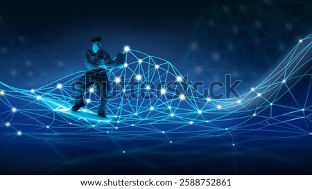 Mann working on laptop while surfing across glowing blue digital network, surrounded by interconnected data nodes visualizing global connectivity. Concept of digital business, technology, science