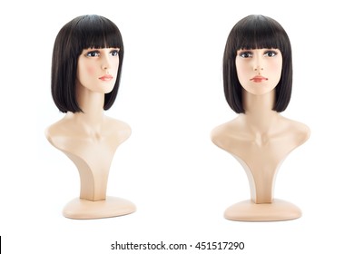 Mannequin Head Fake With Bobbed Hair Wig On White Background