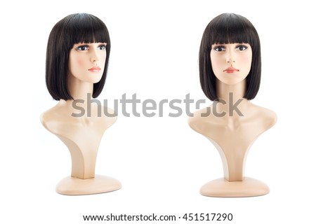 mannequin head fake with bobbed hair wig on white background