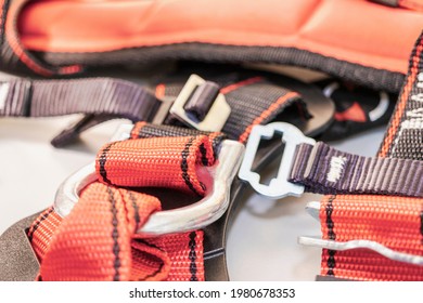 Mannequin In Safety Harness Equipment And Lanyard For Work At Heights Isolated On A White Background