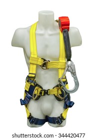 Mannequin In Safety Harness Equipment And Lanyard For Work At Heights Isolated On A White Background