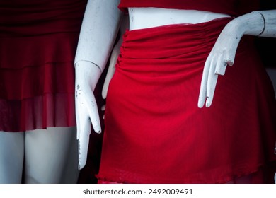 A mannequin wearing a red skirt is displayed in a store. The skirt is made of a shiny material and has a ruffled hem. The mannequin is positioned in a way that shows off the skirt's design and texture - Powered by Shutterstock