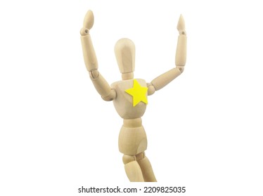 Mannequin With Yellow Star Isolated On White Background. Superstar Or Celebrity Concept.