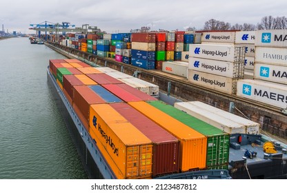 MANNHEIM, GERMANY - Jan 29, 2022: containers at container port on the river rhine