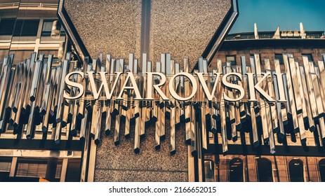Mannheim, Germany - June 11, 2022:  Swarovski luxury fashion store exterior logo in Mannheim. Swarovski Crystal includes home decoration objects, jewelry, couture and chandeliers