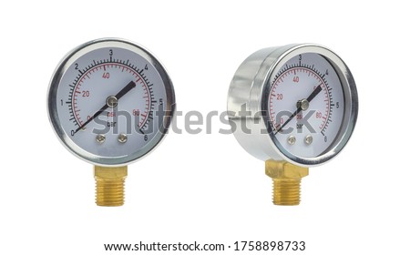 Manometer or air gauge for pressure regulation in pumping station. Isolated on white background. In two different angles.