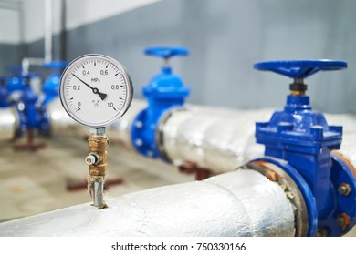 Manometer Pipes And Valve In Water Pump Station