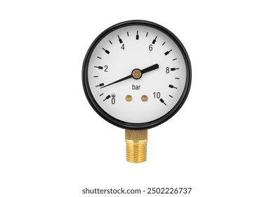 Manometer. Steam or water pressure meter isolated on white background. Device for measuring steam or water pressure. Mechanical installation air pressure manometer - Powered by Shutterstock