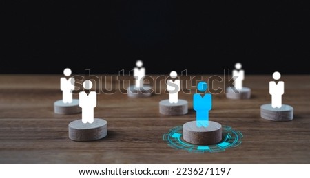 Manpower and human resource planning management, recruitment employment, HR, leadership and teambuilding. Direction movement towards the goal. Crowd of white men goes for the leader of the blue color.