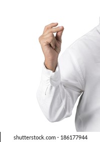 Man's Arm With White Shirt In The Act Of Snapping Fingers Isolated On White.