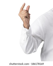 Man's Arm With White Shirt In The Act If Holding Something Tiny Isolated On White.