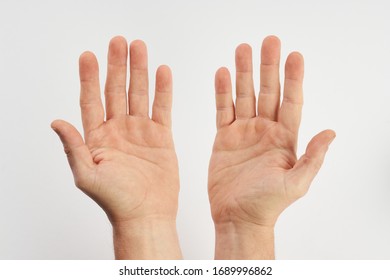 Man's Clean Hands Isolated On White Background With Copy Space. Clean Hands Save Lives Concept. Wash Your Hands, Prevent Infection From A Covid-19 