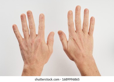 Man's Clean Hands Isolated On White Background With Copy Space. Clean Hands Save Lives Concept. Wash Your Hands, Prevent Infection From A Covid-19 