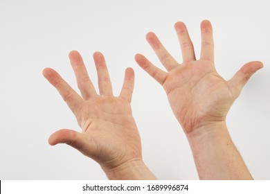 Man's Clean Hands Isolated On White Background With Copy Space. Clean Hands Save Lives Concept. Wash Your Hands, Prevent Infection From A Covid-19 