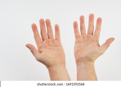 Man's Clean Hands Isolated On White Background With Copy Space. Clean Hands Save Lives Concept. Wash Your Hands, Prevent Infection From A Covid-19 