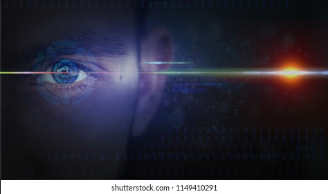 Man's eye, abstract dark background, neon light, holographic display, laser beam, social connections and additional reality