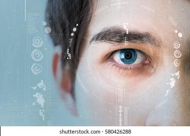man's eye and technological concept, smart contact lens