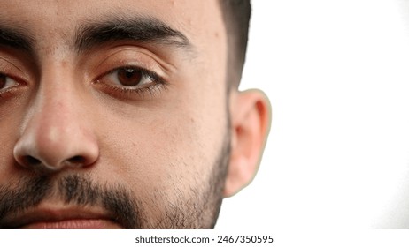 Man's face, close-up, on a white background - Powered by Shutterstock