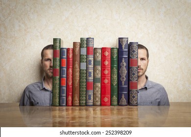man's face split to hold a stack of books