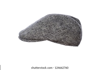 Mans Flat Cap In Grey Tweed Isolated On White Background