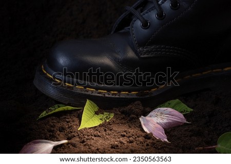 A man's foot steps on a young flower growing on the soil. Concept of Ecology,  destruction nature 商業照片 © 