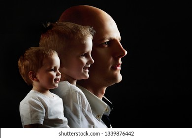 Man's Growing Up, Kid, Boy, Guy. Concept Of Human Adulthood. Portrait In Profile On Black Background