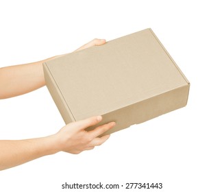 Man's Hand With Cardboard Box On White Background