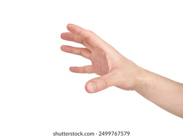 A man's hand catches or throws something fingers wide open. Hand isolated on white background. - Powered by Shutterstock