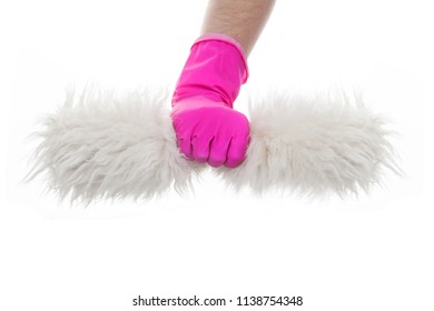 Man's Hand In Cleaning Gloves Holding Fluffy Duster Isolated On White Background.