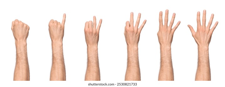 Man's hand counting from zero to five, starting with the pinky finger, with the back of the hand facing us. Isolated on a white background
