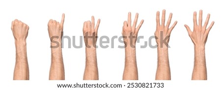 Man's hand counting from zero to five, starting with the pinky finger, with the back of the hand facing us. Isolated on a white background