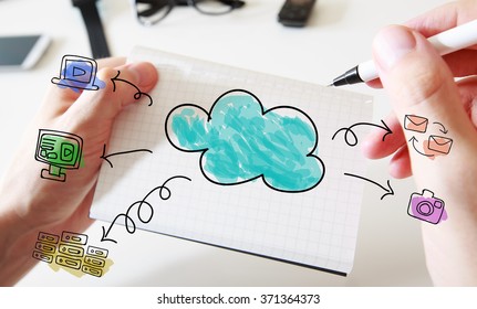 Mans hand drawing Cloud computing concept on white notebook 