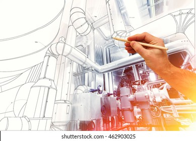 Man's Hand Draws A Design Of Factory Combined With Photo Of Modern Industrial Power Plant
                