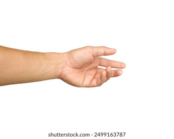 A man's hand extended forward, as if I was about to grab something.  or about to help isolated on white background. - Powered by Shutterstock