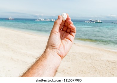 man's hand in the foreground with seashell
