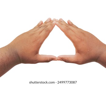 man's hand gesturing triangle symbol, on isolated white background - Powered by Shutterstock