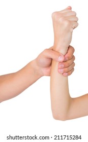 Mans Hand Grabbing Womans Wrist On White Background