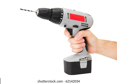 mans hand holding battery drill, isolated on white - Shutterstock ID 62142034