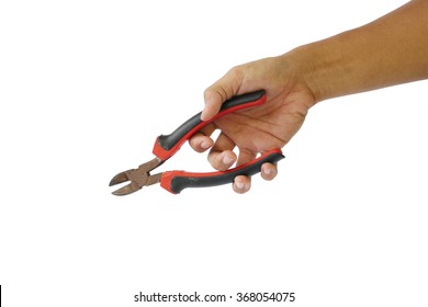 man's hand holding a black and red wire cutter. open, ready to cut form