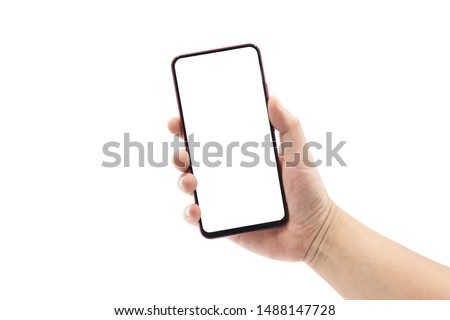 A man's hand holding a black smartphone isolated on white